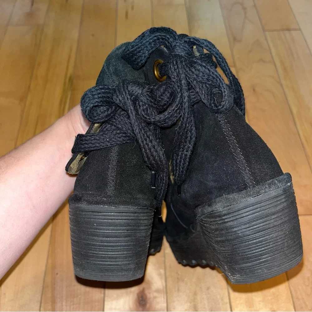 Fly London Black Suede Lace up the back Ankle booties size 42